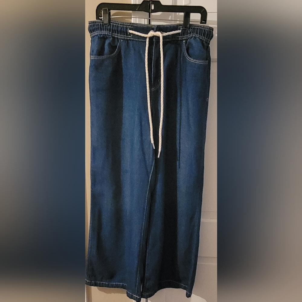 Loft Palazzo Denim Pants with Drawstring - Petite length